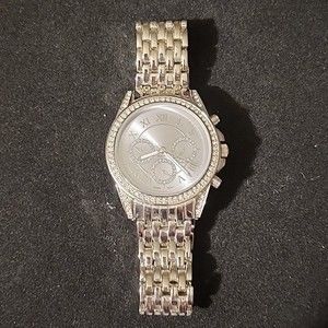 Vintage Silvertone Ladies Watch with White Rhinestones Chain Link Band
